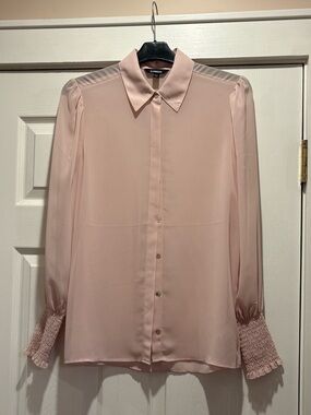 Express Sheer Light Pink Button-Front Blouse with Smocked Cuffs